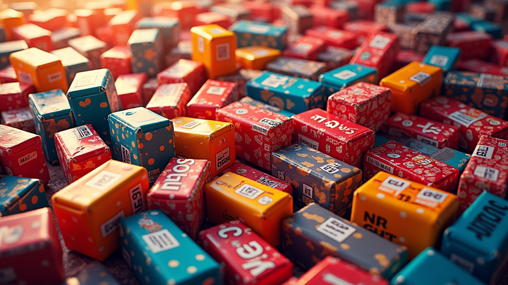 A stylized image of various product packaging and logos arranged on a vibrant, abstract background highlighting colors and symbolism in branding