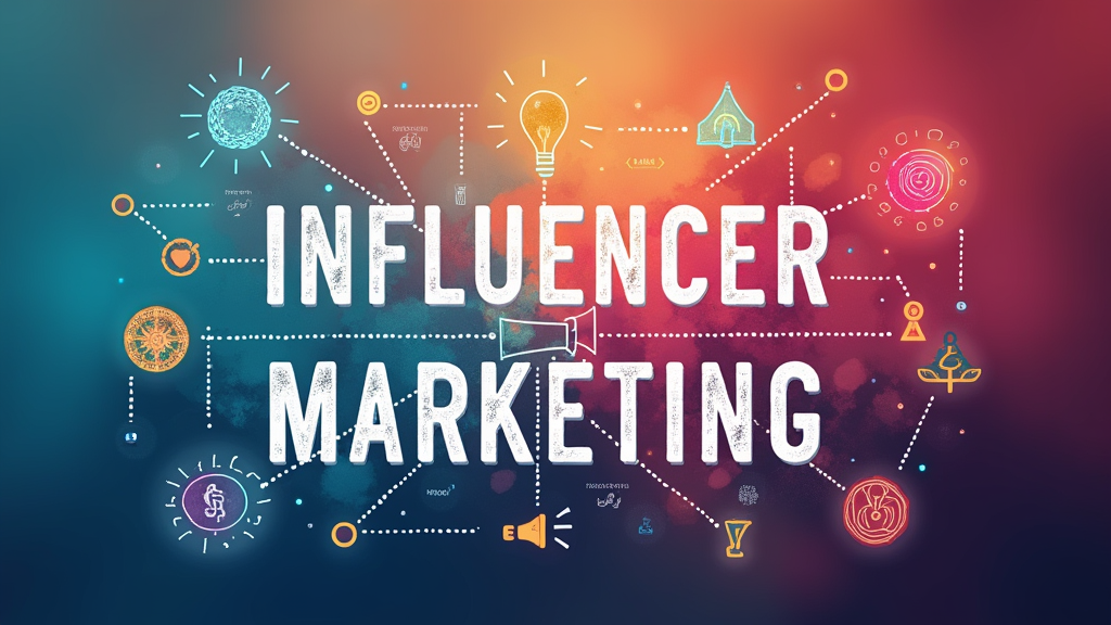 A visually engaging concept of influencer marketing, featuring bright, stylized icons of social networks, megaphones, and connection lines displayed across a colorful abstract background.