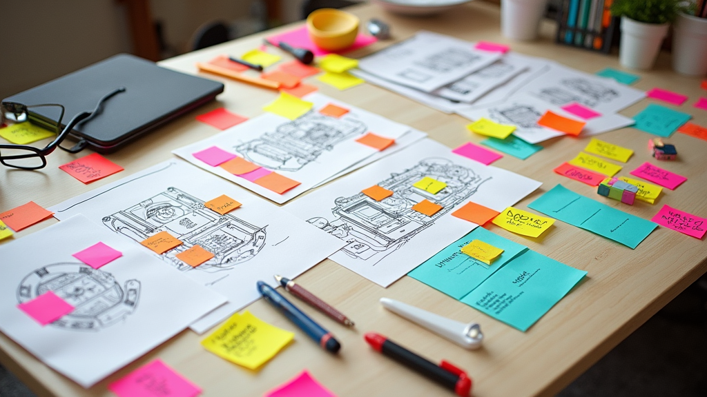 A workspace with colorful sticky notes and branding sketches