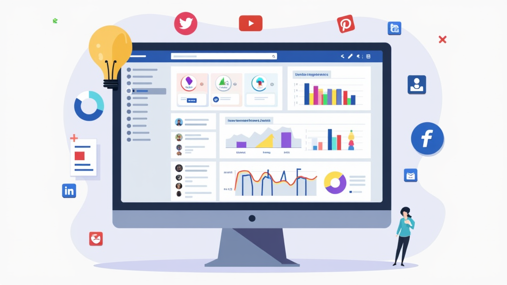 Facebook Ads dashboard concept with analytics charts, computer, smartphone icons, and design elements for digital marketing